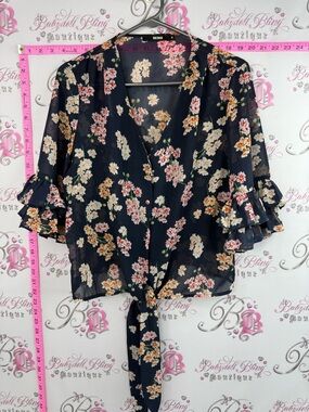 Bikbok shirt ribbon Tie-Front Floral Blouse - Navy Floral flowers bell sleeves